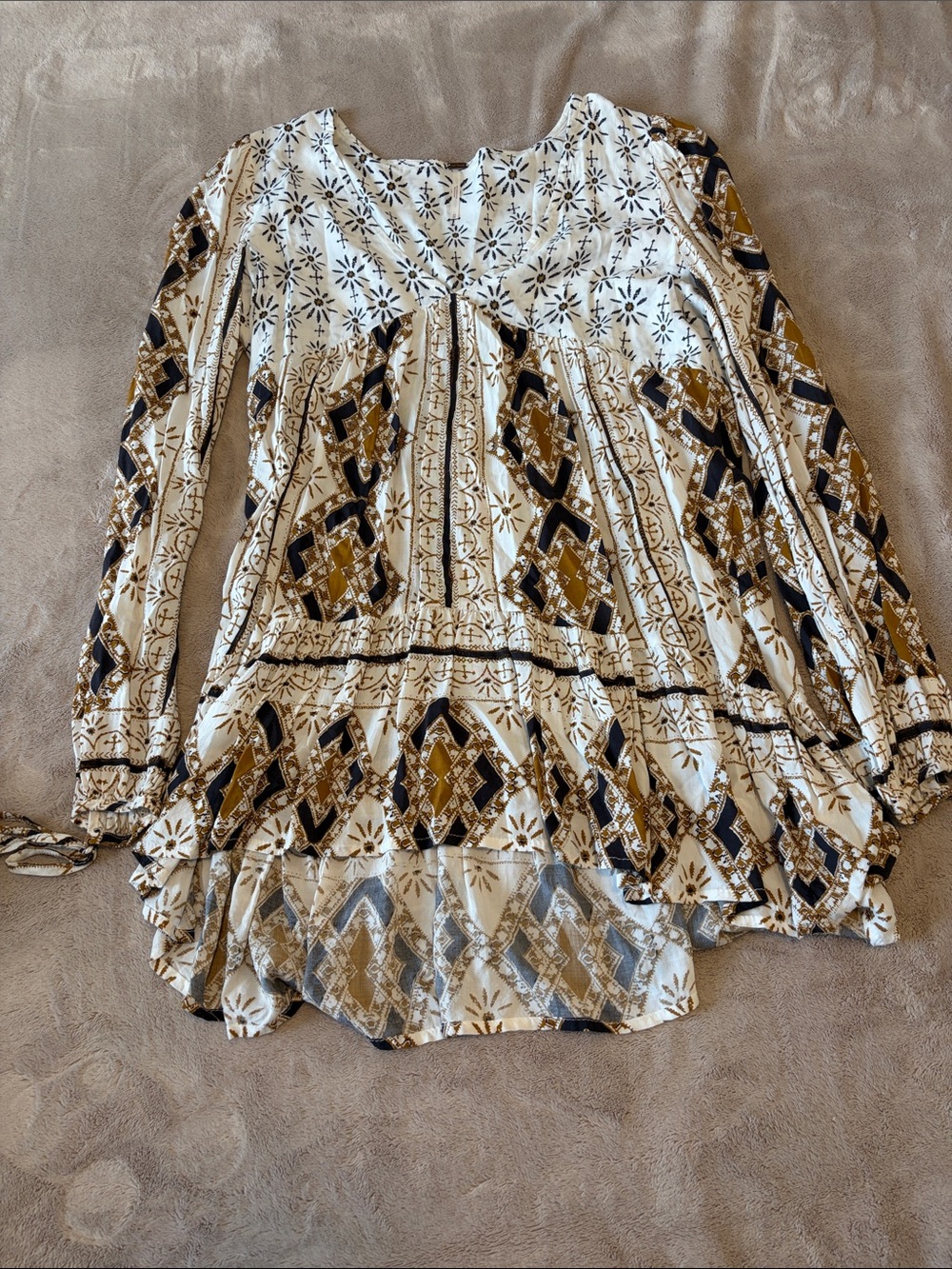 Free People Ivory Tunic with Gold and Black Geo Print